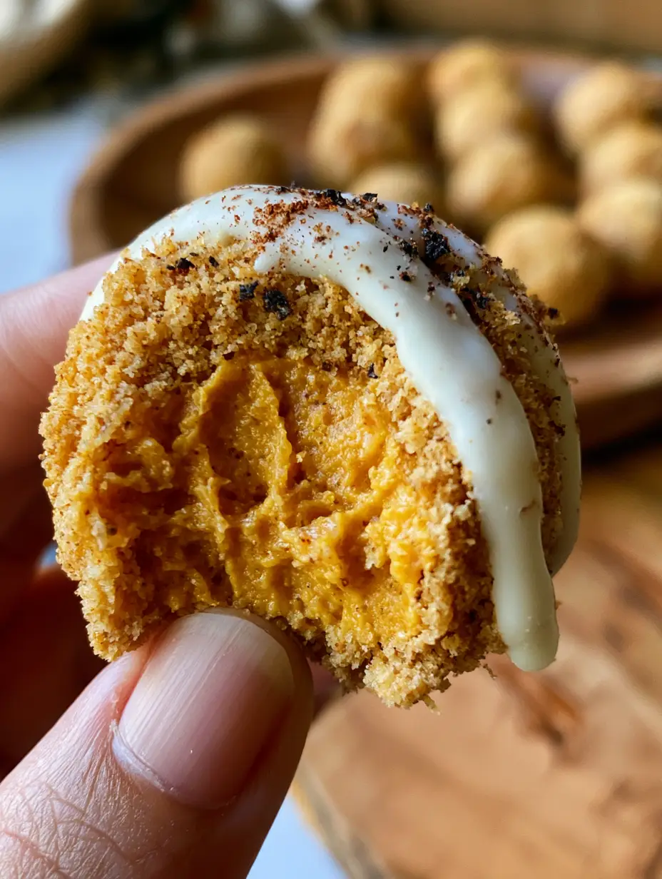 Close-up of pumpkin cheesecake balls held between fingers, revealing a dense orange texture and graham cracker crust. (Pumpkin cheesecake balls)