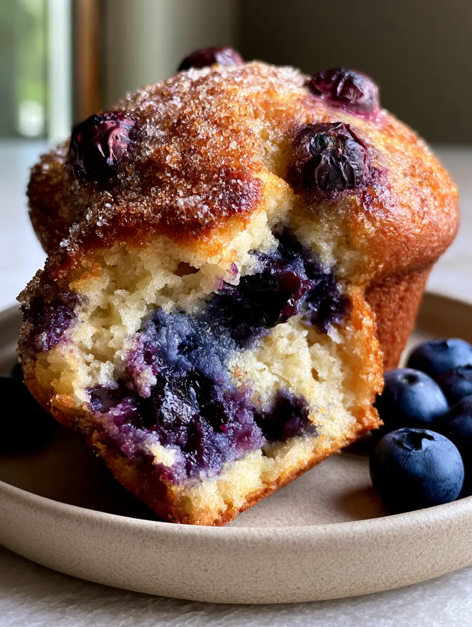 Close-up of a broken blueberry muffin showing a steaming moist crumb and juicy wild blueberries. (muffins recipe)