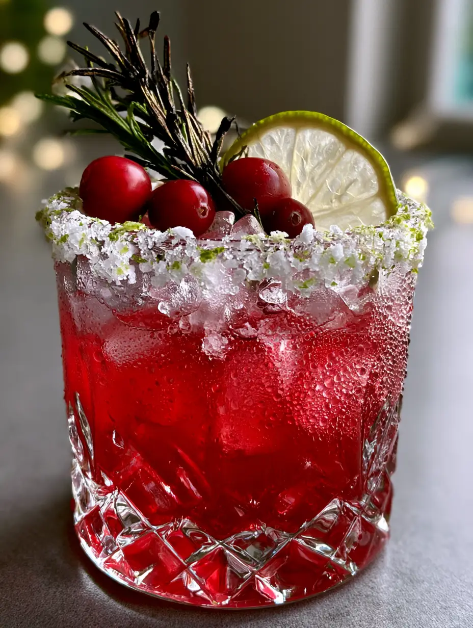 The Ultimate Holiday Margarita: A Festive Cranberry and Charred Rosemary Cocktail 3 Close-up of a holiday margarita showing condensation droplets and a vibrant crimson cranberry color.
