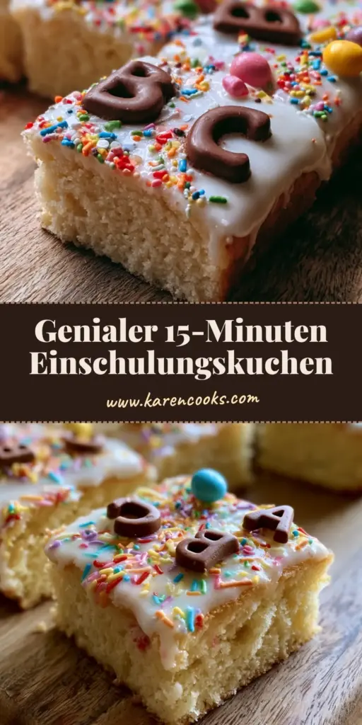 A close-up of Einschulungskuchen sliced into squares with glossy white glaze, rainbow sprinkles, and chocolate ABC letter cookies on a wooden board.