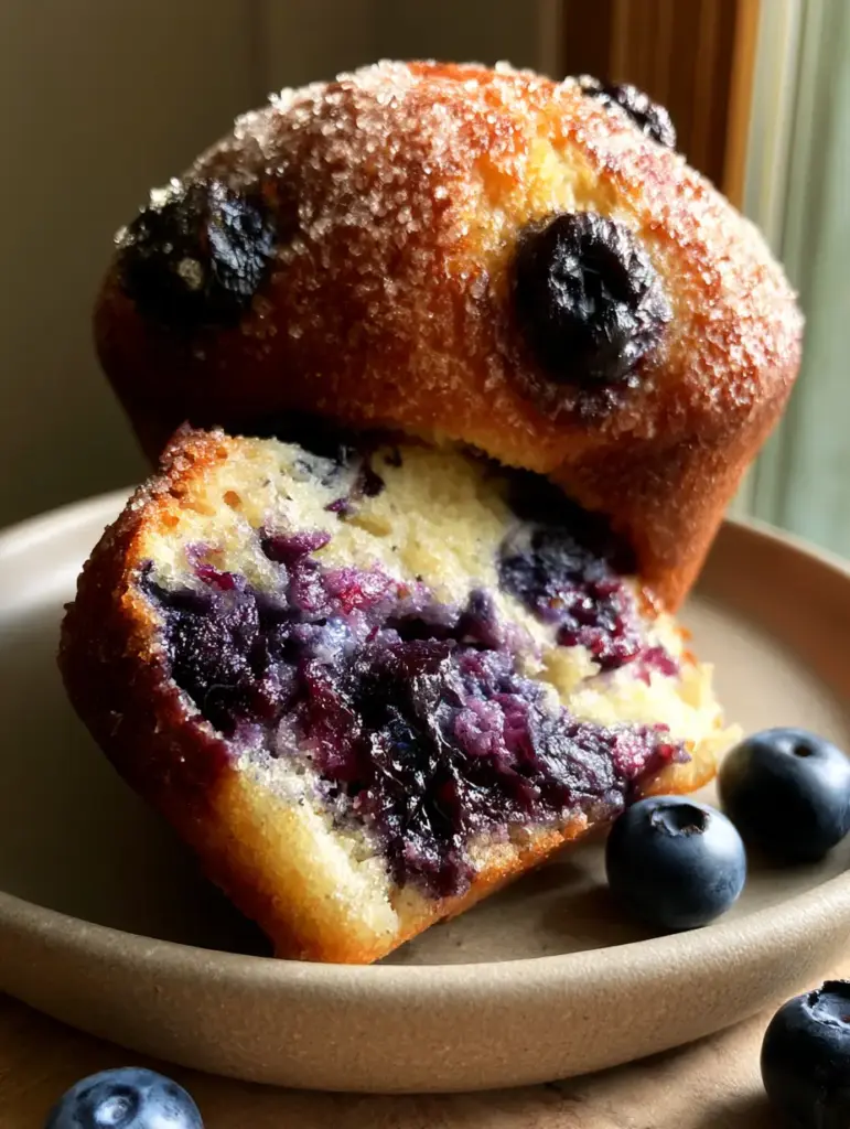 Golden brown muffin tops with coarse sugar crystals and blistered blueberries on a ceramic saucer.