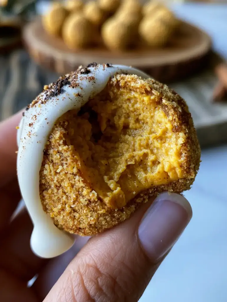 A dozen pumpkin cheesecake balls on a rustic wooden platter with warm golden hour lighting. (Pumpkin cheesecake balls)