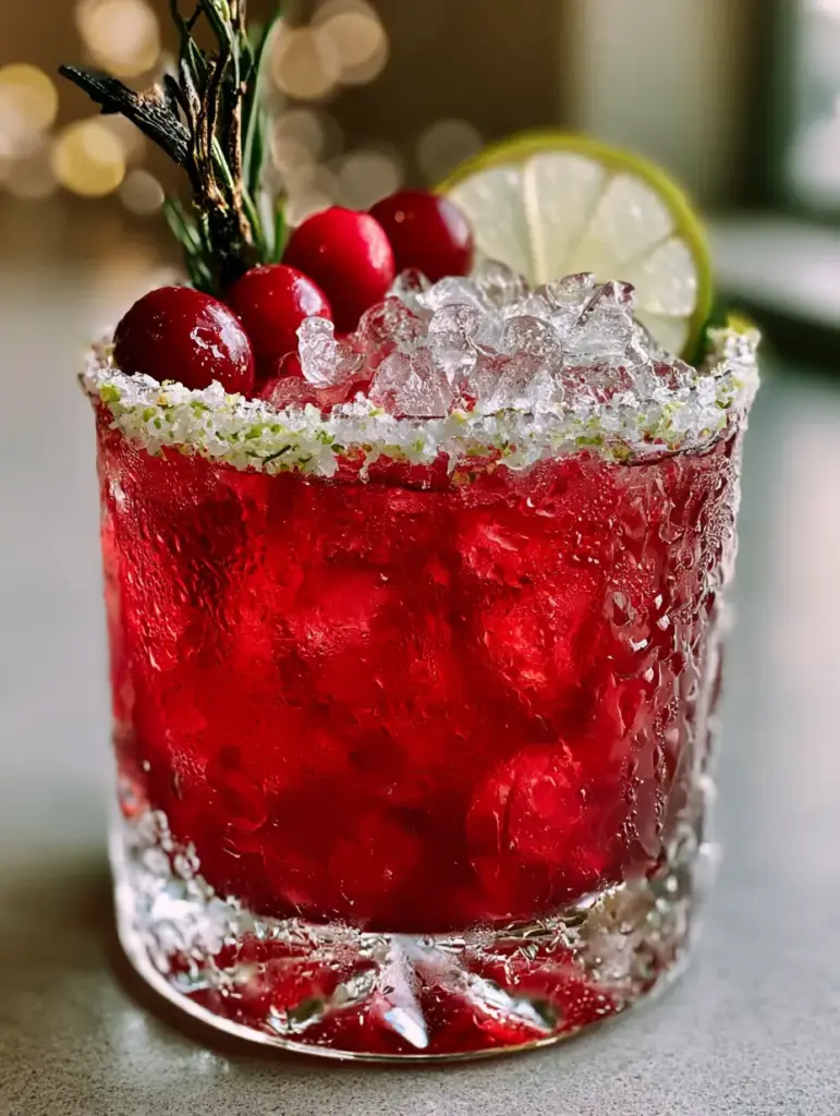 The Ultimate Holiday Margarita: A Festive Cranberry and Charred Rosemary Cocktail 1 A smartphone photo of a holiday margarita with a thick crunchy salt rim and blurred holiday bokeh lights.