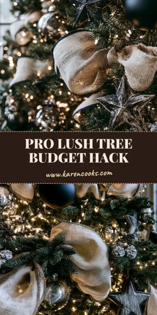 Christmas decorating: How to Style a Modern Farmhouse Fraser Fir 4 A close-up eye-level view of a modern farmhouse Christmas tree featuring cream burlap ribbon billows, matte black ornaments, and warm fairy lights. (Christmas decorating)