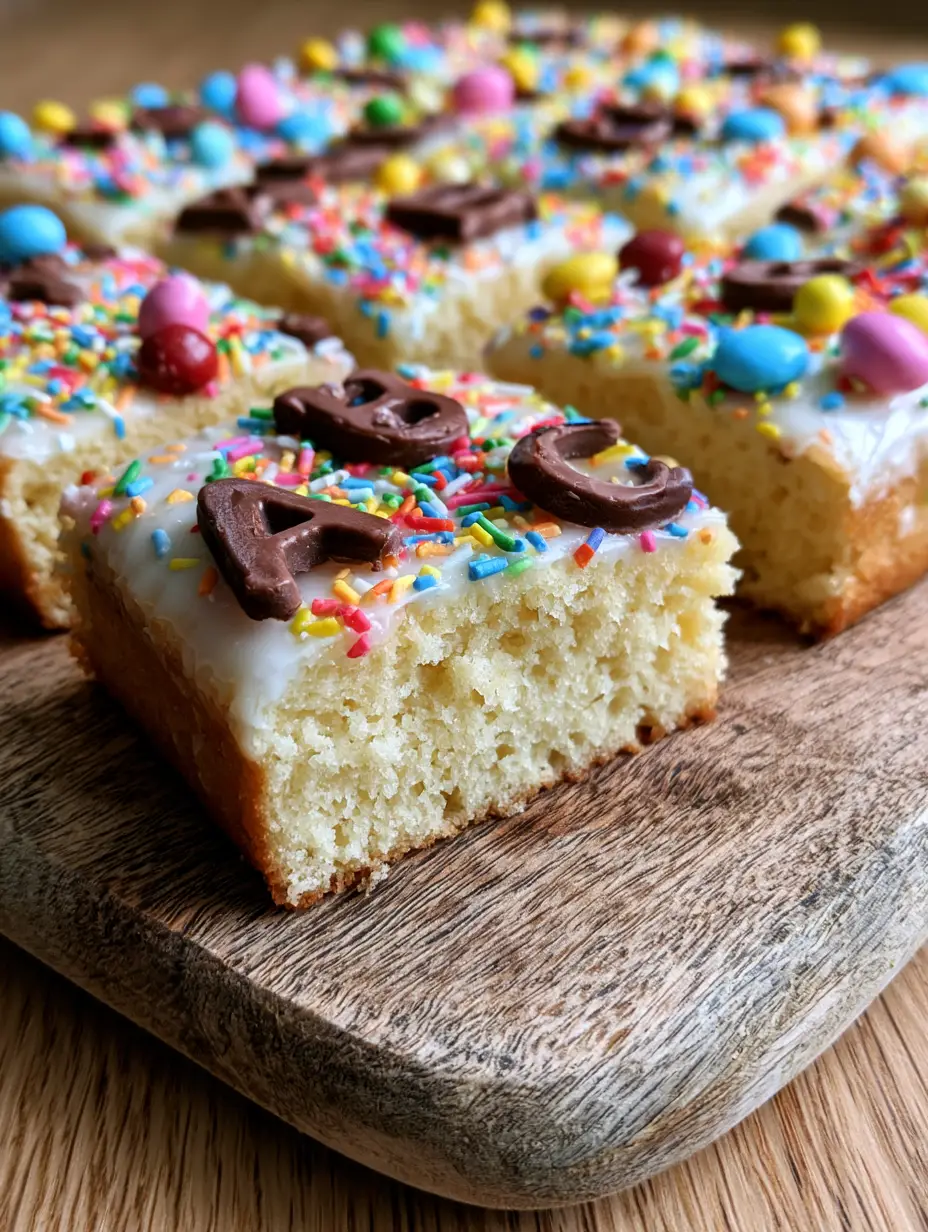 High-angle shot of a moist vanilla Einschulungskuchen with rainbow sprinkles and chocolate candies.