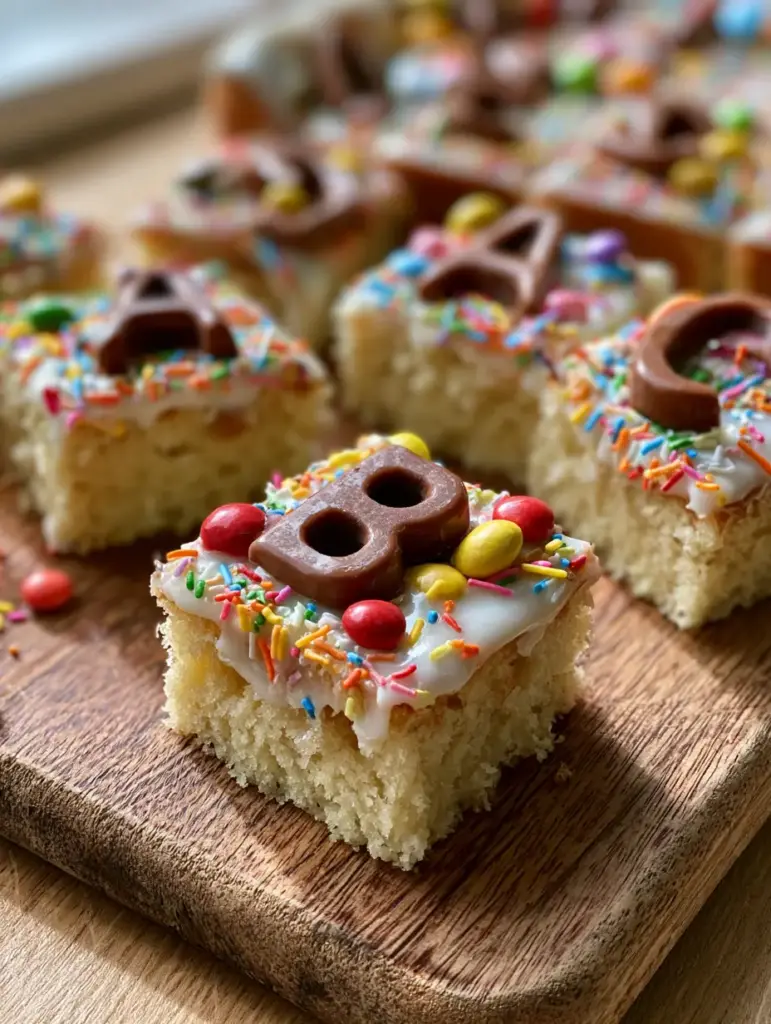 Slices of Einschulungskuchen on a rustic wooden board with bright natural lighting.