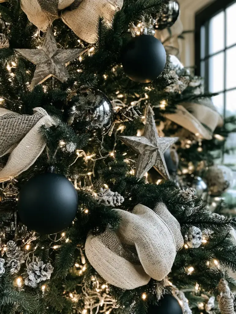 Christmas decorating: How to Style a Modern Farmhouse Fraser Fir 2 Macro shot of dark green Fraser fir branches with frosted mini pinecones and micro-LED lights. (Christmas decorating)
