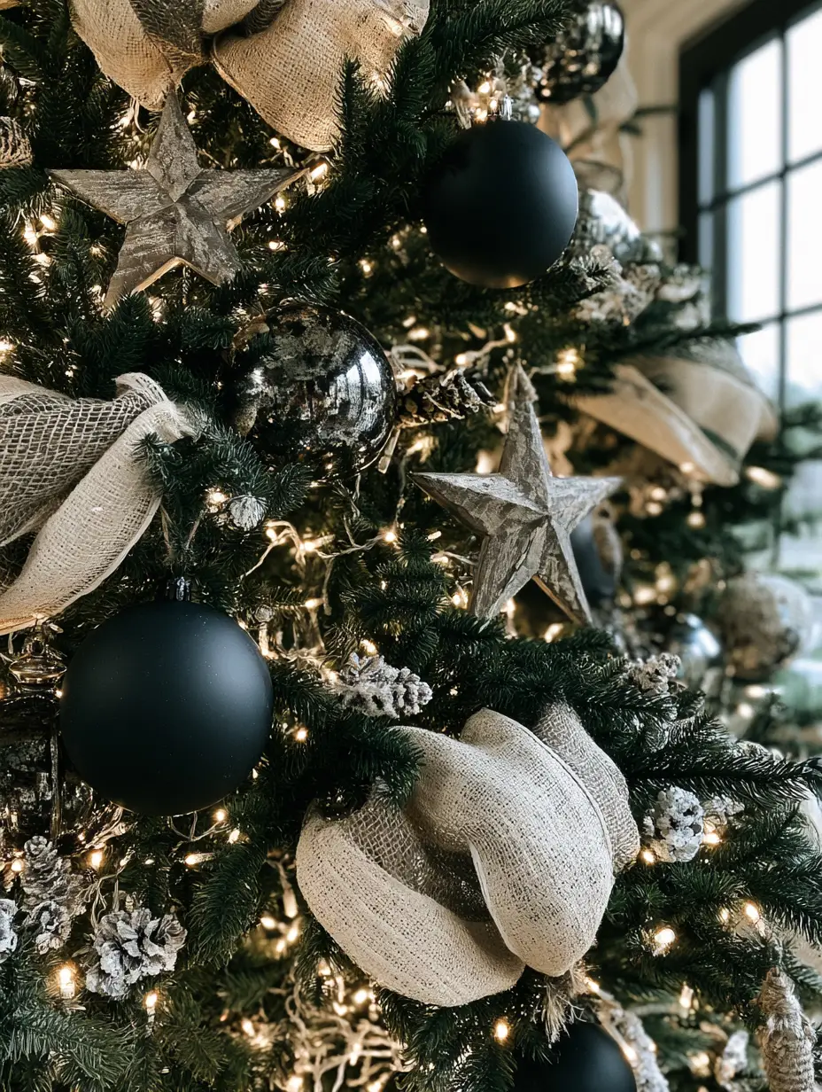 Christmas decorating: How to Style a Modern Farmhouse Fraser Fir 3 Macro shot of dark green Fraser fir branches with frosted mini pinecones and micro-LED lights. (Christmas decorating)