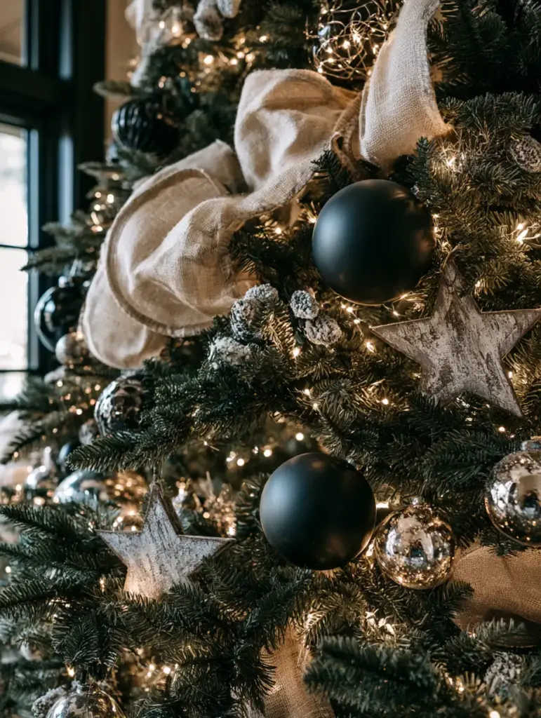 Christmas decorating: How to Style a Modern Farmhouse Fraser Fir 1 Detailed view of mercury glass baubles and distressed wooden stars tucked into a Christmas tree. (Christmas decorating)