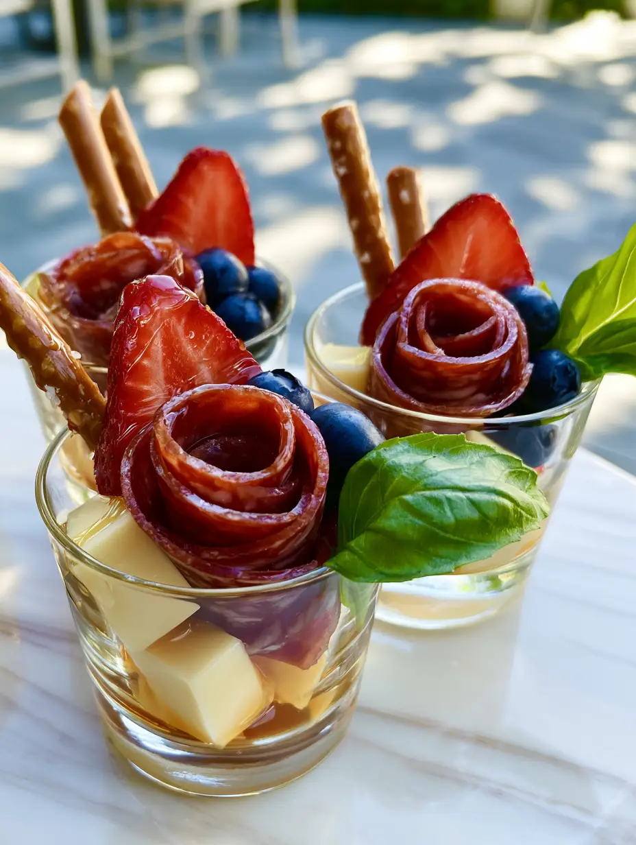 Labor Day Party Food: The Ultimate Individual Charcuterie Cups with Salami Roses 3 Three individual glass charcuterie cups for Labor Day party food arranged on white marble with sunlight dapples.