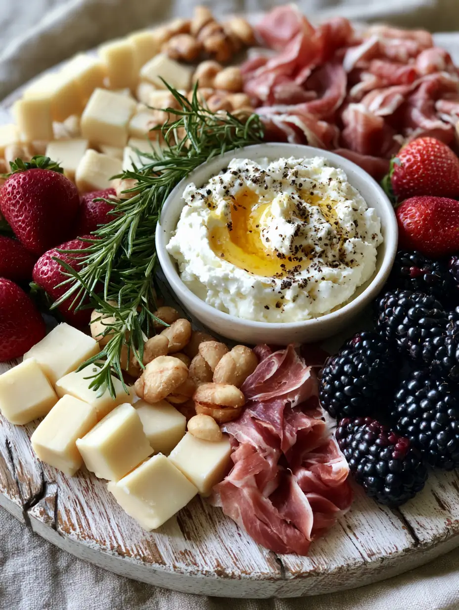 Extreme macro overhead shot showing textures of strawberries, blackberries, and sharp white cheddar for 4th of July party ideas.
