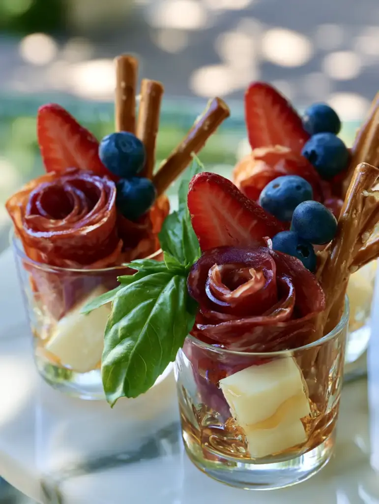 Labor Day Party Food: The Ultimate Individual Charcuterie Cups with Salami Roses 1 Top-down view of Labor Day party food featuring glossy fanned strawberries and velvety salami roses in clear glasses.