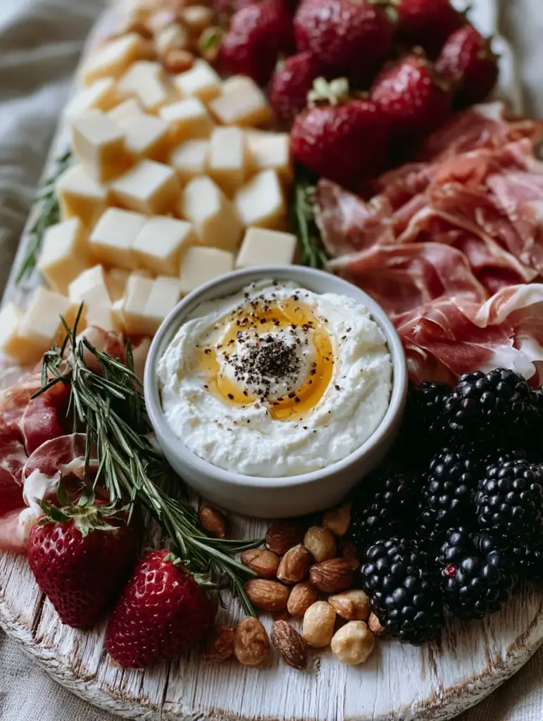 A white ceramic bowl filled with whipped feta topped with a honey swirl and cracked black pepper.