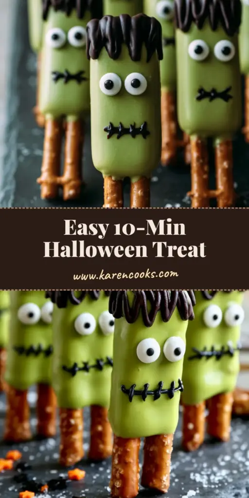 Frankenstein Pretzels: The Ultimate Gourmet Halloween Dipped Treat 4 A group of Frankenstein pretzels with green candy coating and chocolate hair on a rustic platter. (Frankenstein pretzels)