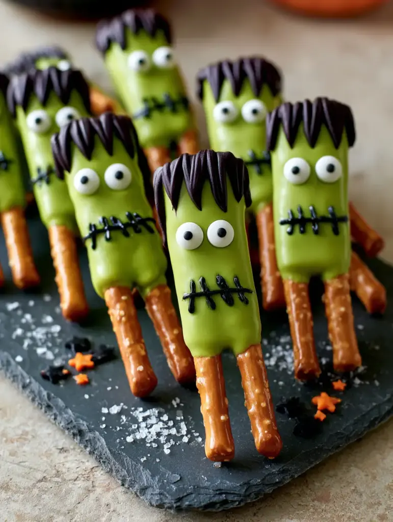 Frankenstein Pretzels: The Ultimate Gourmet Halloween Dipped Treat 2 Eye-level close up of a Frankenstein pretzel rod showing the glossy green texture and chocolate zigzag hair. (Frankenstein pretzels)