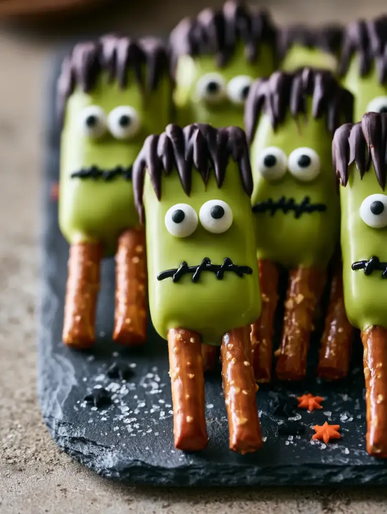 Frankenstein Pretzels: The Ultimate Gourmet Halloween Dipped Treat 1 Several Frankenstein pretzels arranged elegantly on a dark slate board with sprinkles. (Frankenstein pretzels)