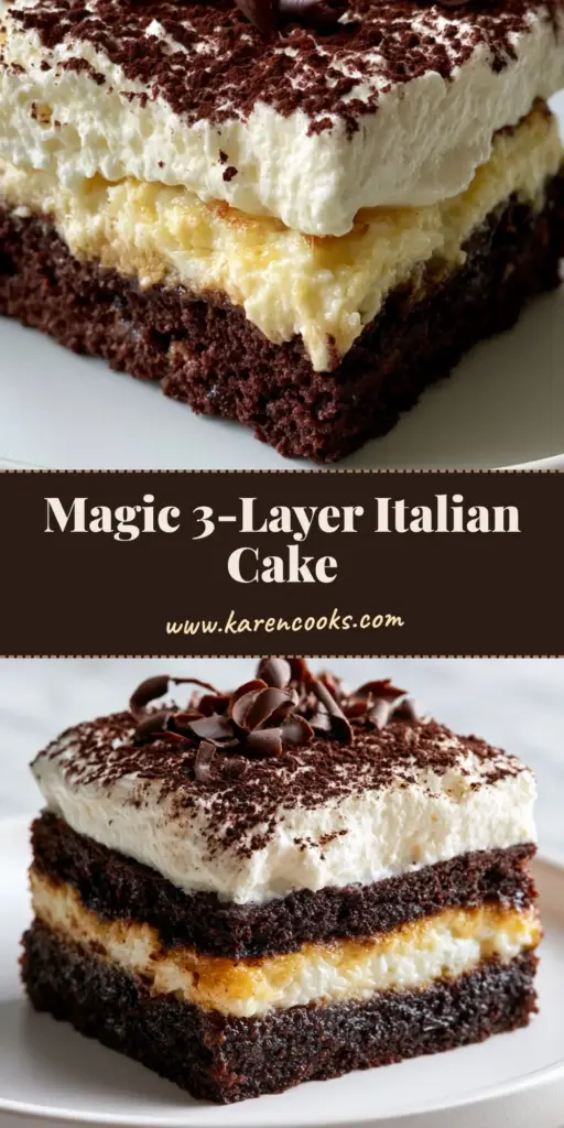 A tall, vertical shot of a three-layer Italian Love Cake slice showing the dark chocolate base, golden ricotta middle, and fluffy whipped cream top. (Italian Love Cake)