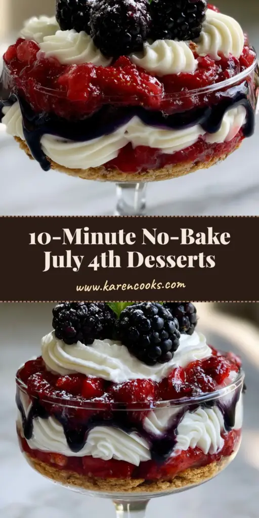 A stack of three elegant crystal coupe glasses filled with layered No-Bake Fourth of July Desserts, featuring graham cracker crust, vanilla cream waves, and strawberry compote.