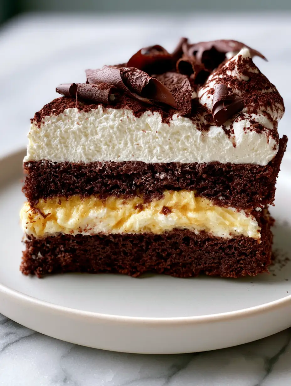 An eye-level close-up of a single slice of three-layer Italian Love Cake on a modern matte white ceramic plate with a dark chocolate base and creamy ricotta filling. (Italian Love Cake)