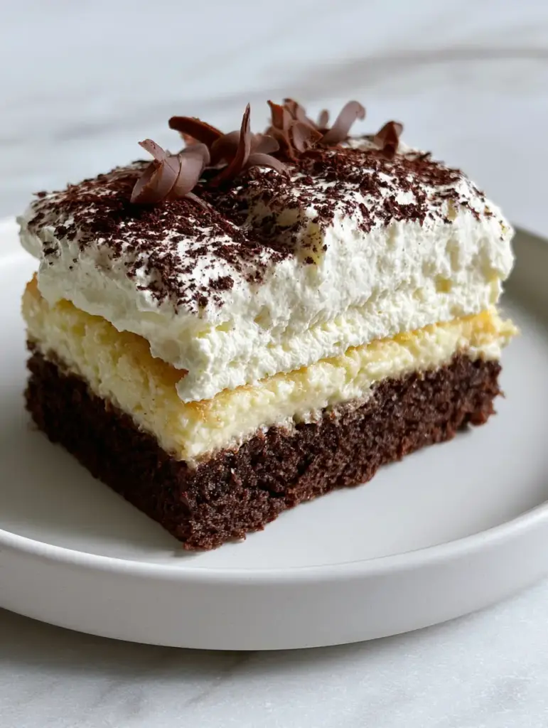 Close-up of the light, fluffy whipped cream topping dusted with fine dark cocoa powder and delicate chocolate curls on an Italian Love Cake.