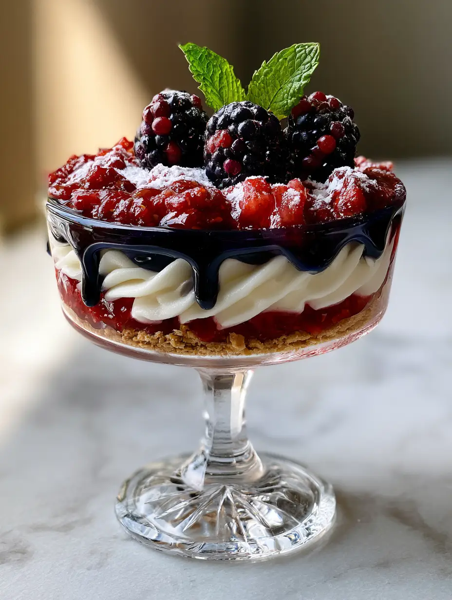 Close-up of a gourmet No-Bake Fourth of July Desserts cup with thick waves of vanilla bean cream and vibrant red strawberry compote.