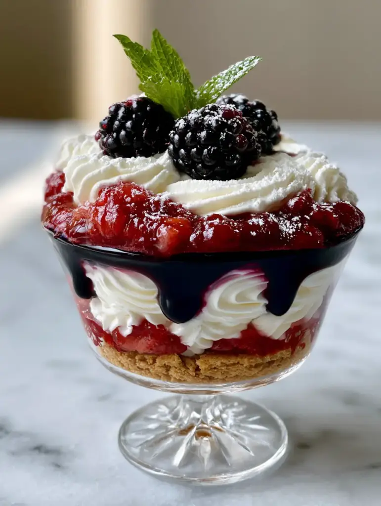 Elegant clear crystal coupe glass showcasing the glossy blueberry drizzle and blackberry garnish of the No-Bake Fourth of July Desserts.