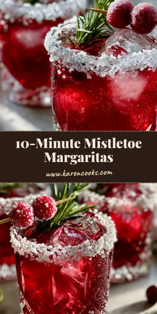 Three crystal rocks glasses filled with vibrant red Mistletoe margaritas, featuring a salt-sugar rim and frosted cranberry garnishes on a stone countertop. (Mistletoe margaritas)
