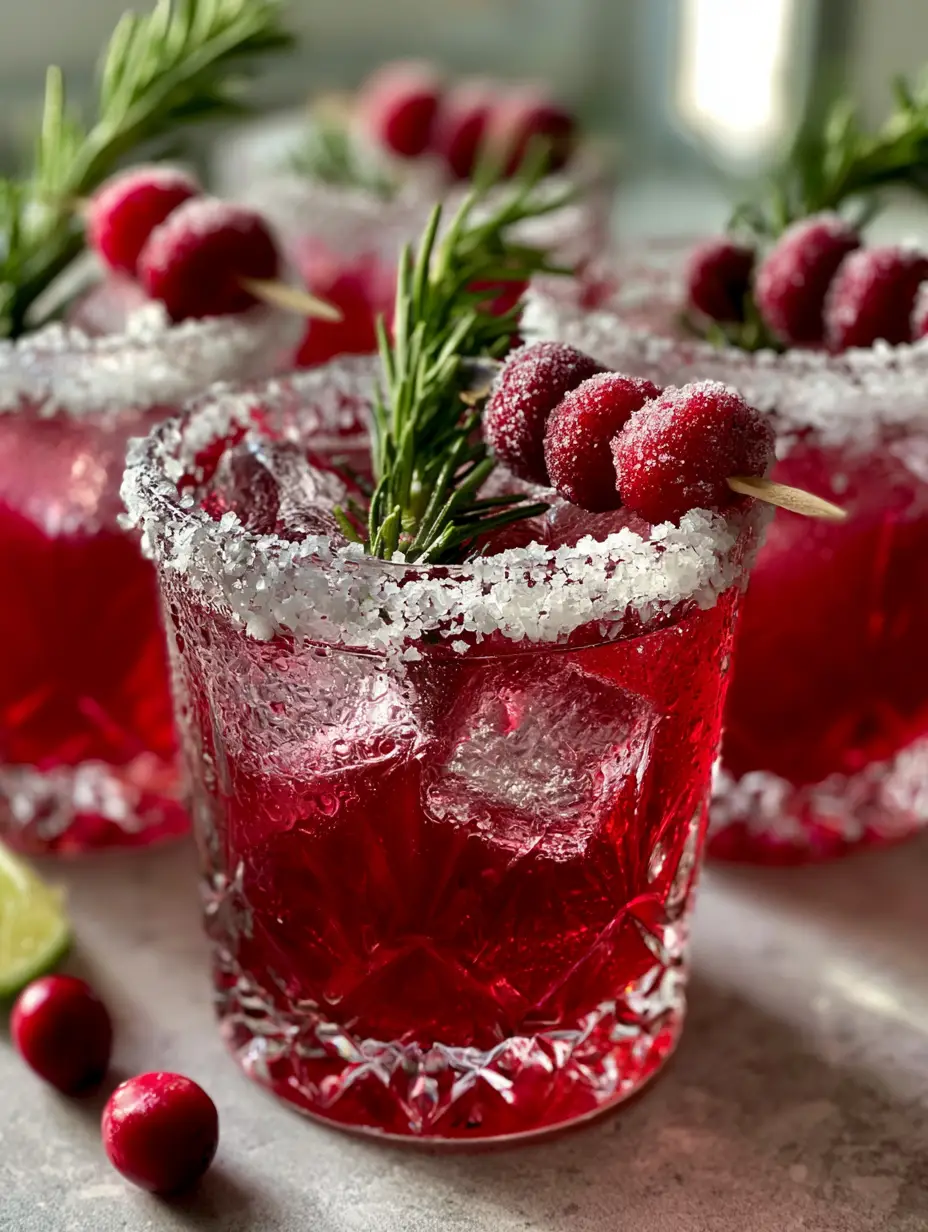 A close-up photo of three elegant crimson Mistletoe margaritas with thick flaky salt rims and large square ice cubes. (Mistletoe margaritas)