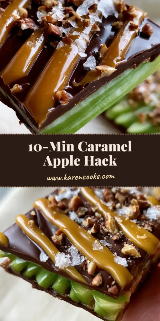 A handheld square of caramel apple bark showing layers of thin Granny Smith apples, dark chocolate, and golden caramel drizzle with pecans.