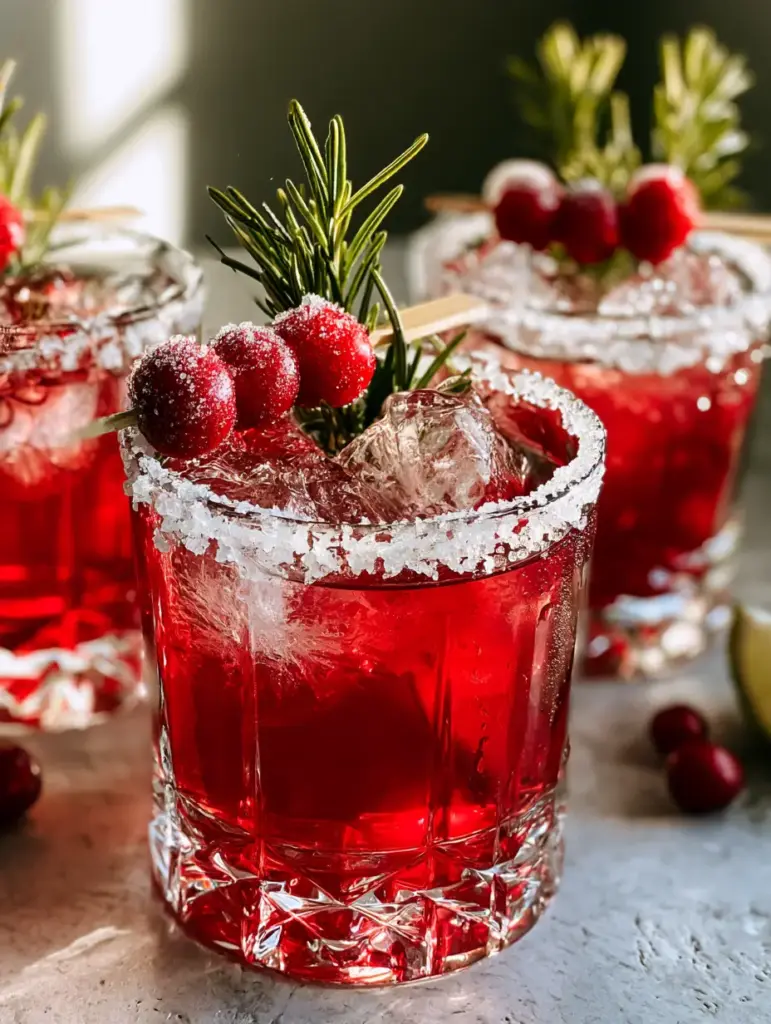Detailed view of Mistletoe margaritas garnishes: frosted sugared cranberries on a wooden pick and fresh rosemary sprigs.