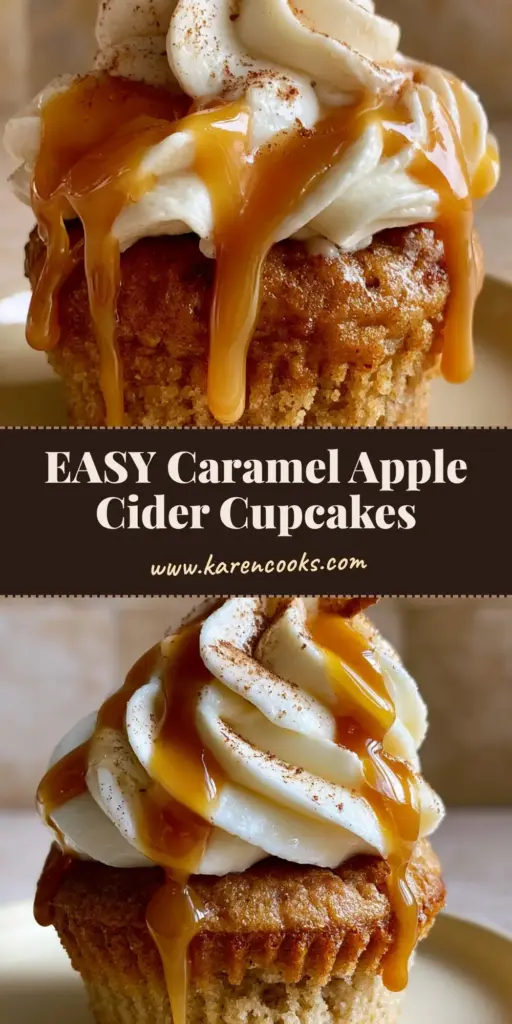 A tall gourmet Apple Cider Cupcake with thick cinnamon cream cheese frosting, golden caramel drizzle, and a dehydrated apple slice garnish on a ceramic plate.
