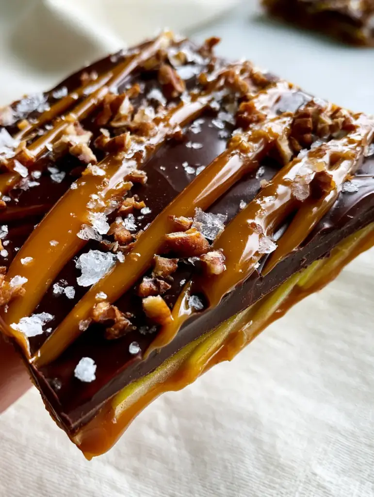 Detailed close-up of a caramel apple bark square being lifted, highlighting the overlapping Granny Smith apple fan pattern.