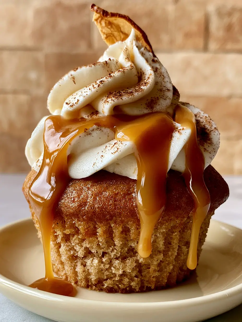Close-up of a moist golden-brown Apple Cider Cupcake showing the fluffy crumb and cinnamon dusting.