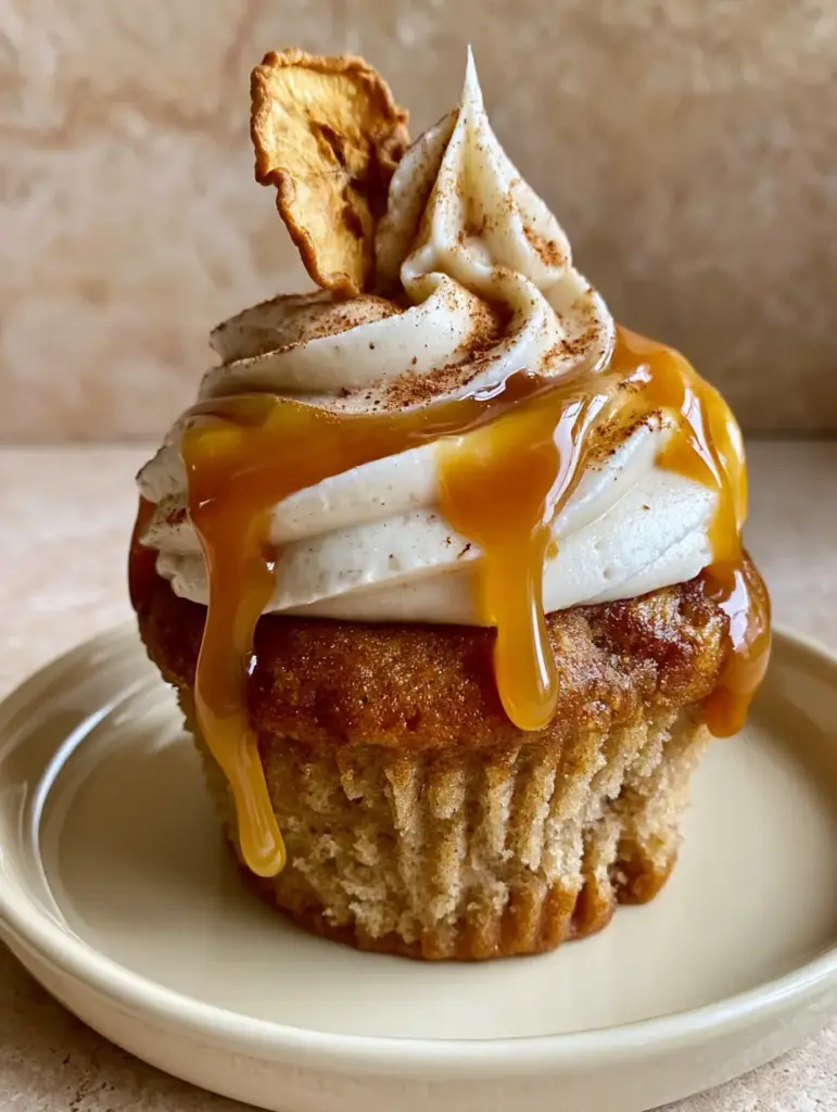 A handheld smartphone photo of a single Apple Cider Cupcake with a high frosting swirl and caramel drip.