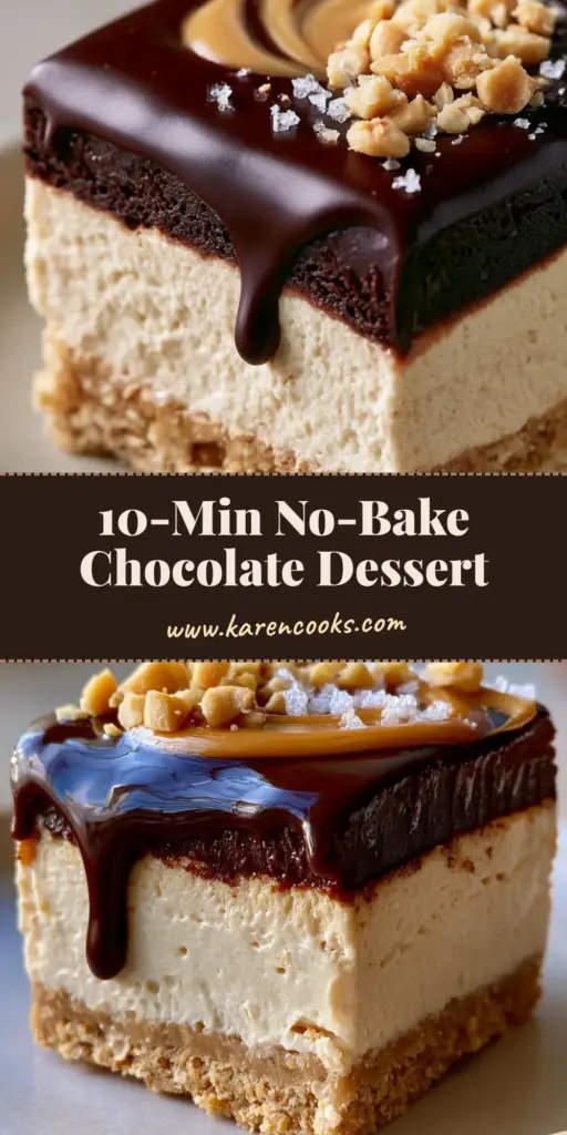 No-Bake Chocolate Peanut Butter Dessert with Ganache and Sea Salt 4 A tall, layered slice of no-bake chocolate peanut butter dessert showing the graham cracker crust, peanut butter mousse, and glossy ganache.
