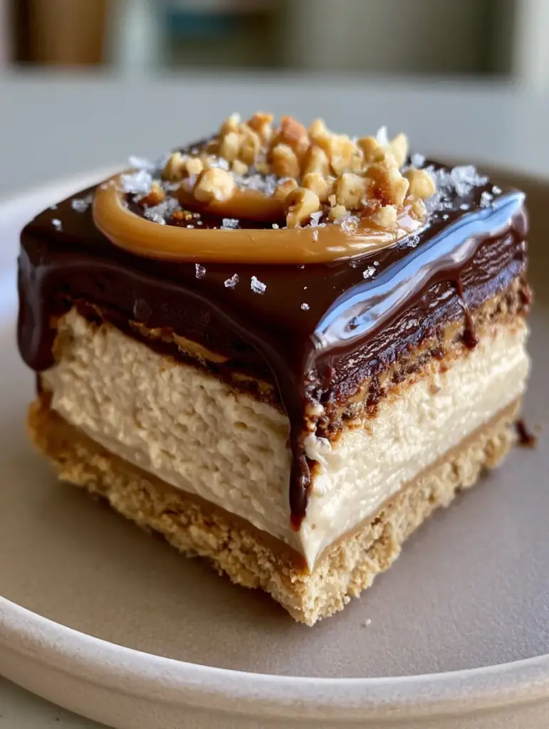 No-Bake Chocolate Peanut Butter Dessert with Ganache and Sea Salt 1 Top-down view of the no-bake chocolate peanut butter dessert with a peanut butter drizzle and chopped peanuts.