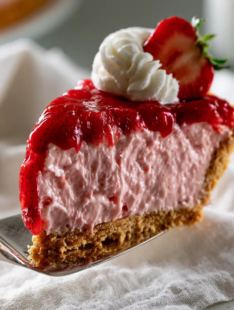 Close up of a dense pale pink strawberry cream filling and glossy red strawberry glaze. (Summer pie recipes)