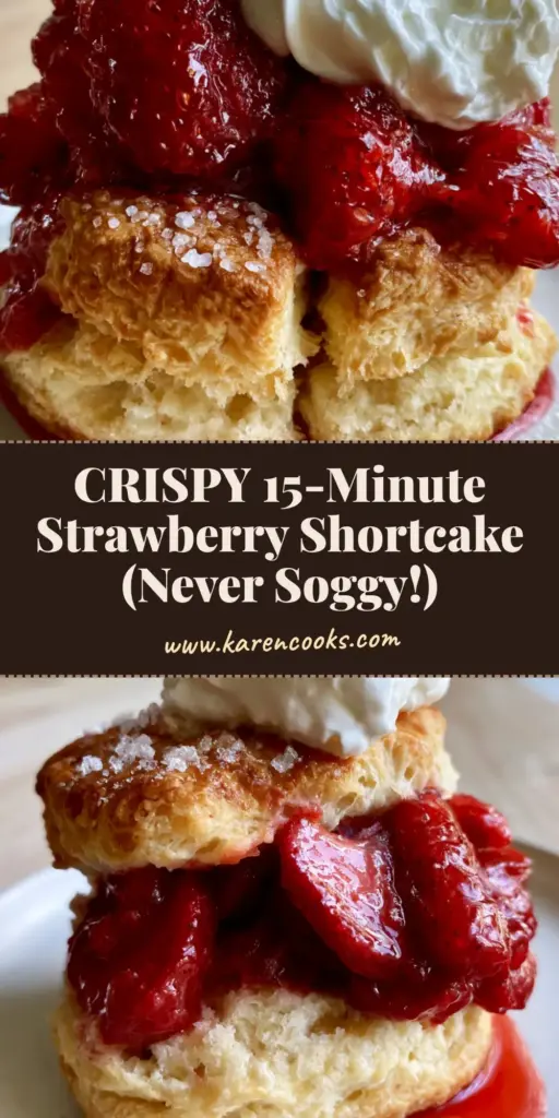 A handheld smartphone photo of a tall, flaky buttermilk strawberry shortcake biscuit split open on a white plate with macerated strawberries and thick whipped cream.