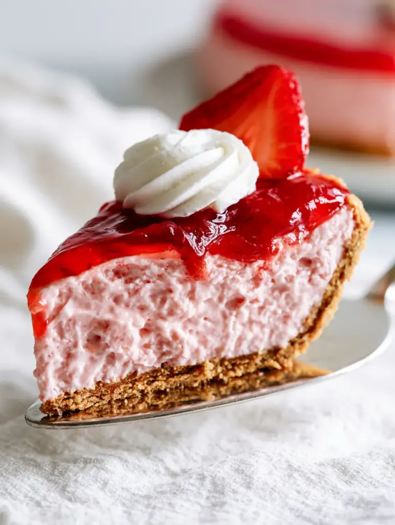 A silver cake server lifting a slice of pink strawberry pie with a thick golden crust.