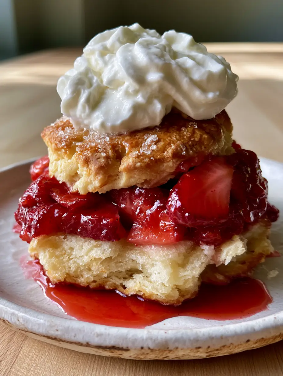 Close-up of a golden-brown biscuit top sprinkled with coarse sparkling sugar crystals. (strawberry shortcake biscuits)