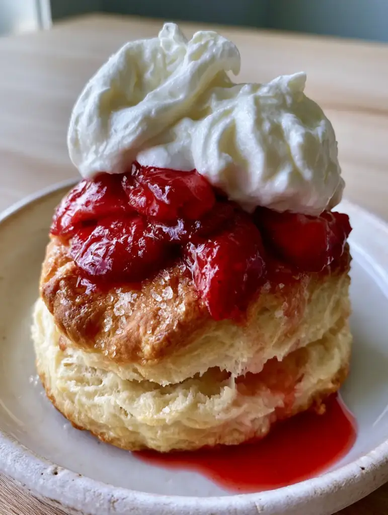 A light and airy interior of a split buttermilk biscuit topped with deep-red macerated strawberries.