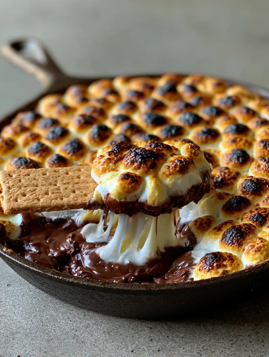 Overhead view of a cast iron skillet filled with toasted golden-brown marshmallows with charred spots. (s'mores hacks)
