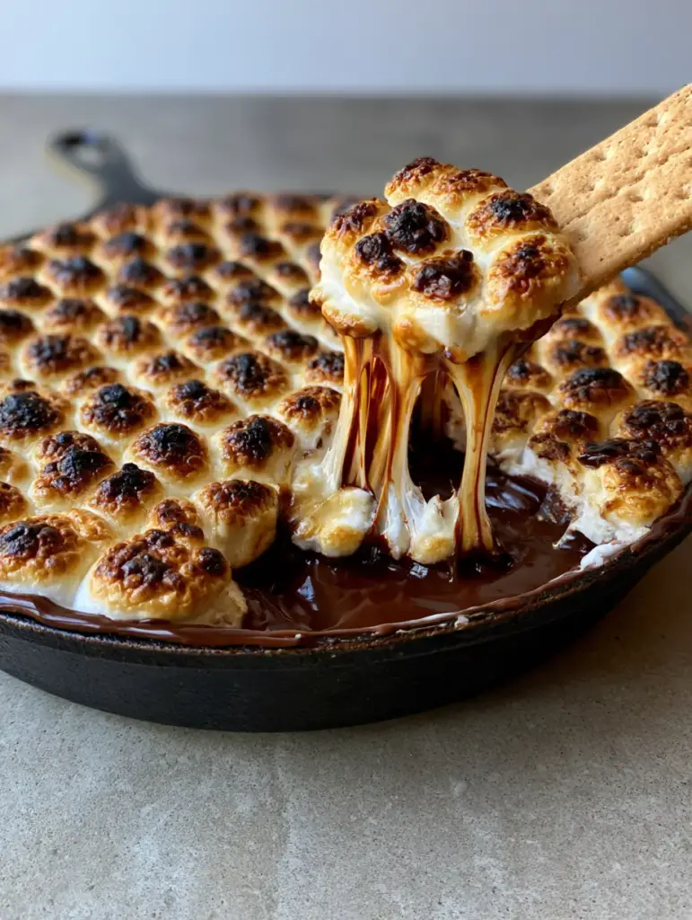 Handheld photo showing a graham cracker scooping molten chocolate and stretchy marshmallows from a skillet.