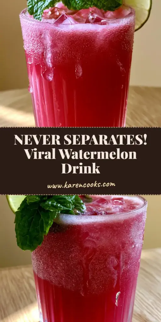 A tall ribbed glass filled with a vibrant magenta watermelon drink, featuring tiny square ice cubes and a lush peppermint sprig garnish on a wooden table. (watermelon drink)