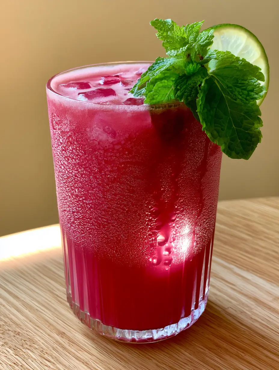 A close-up shot of an elegant ribbed glass with frosty condensation containing smooth magenta watermelon drink and clear ice cubes. (watermelon drink)