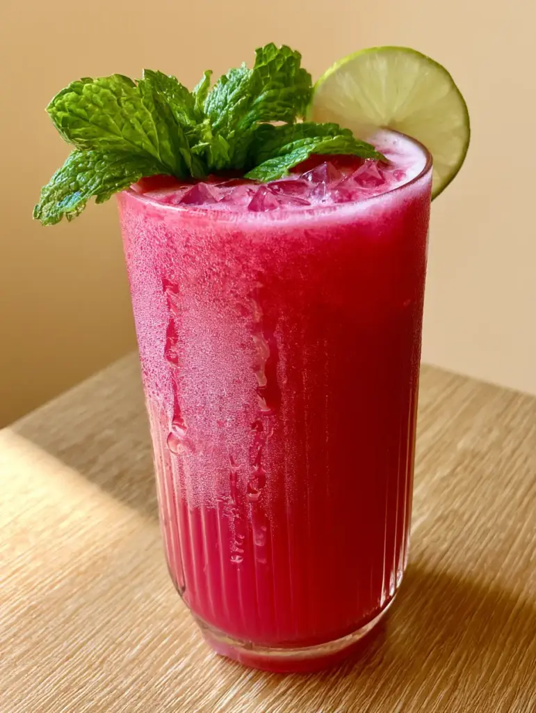 A high-angle photo of a watermelon drink garnished with lime and peppermint, showing beautiful water droplets on the glass surface.