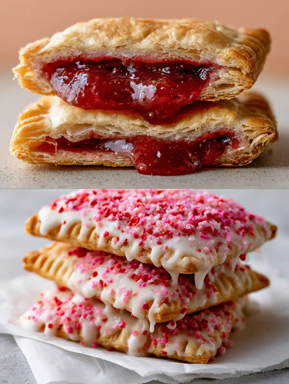 A split-screen view of a broken-open air fryer pop tart with steaming glossy strawberry jam and stacked glazed pastries. (homemade pop tarts)