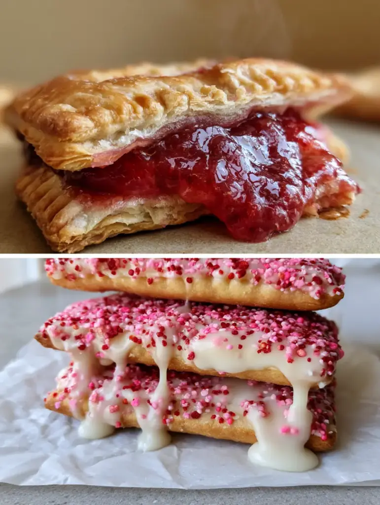 Close up of three freshly baked pop tarts stacked on parchment paper with dripping semi-translucent white glaze and sprinkles.