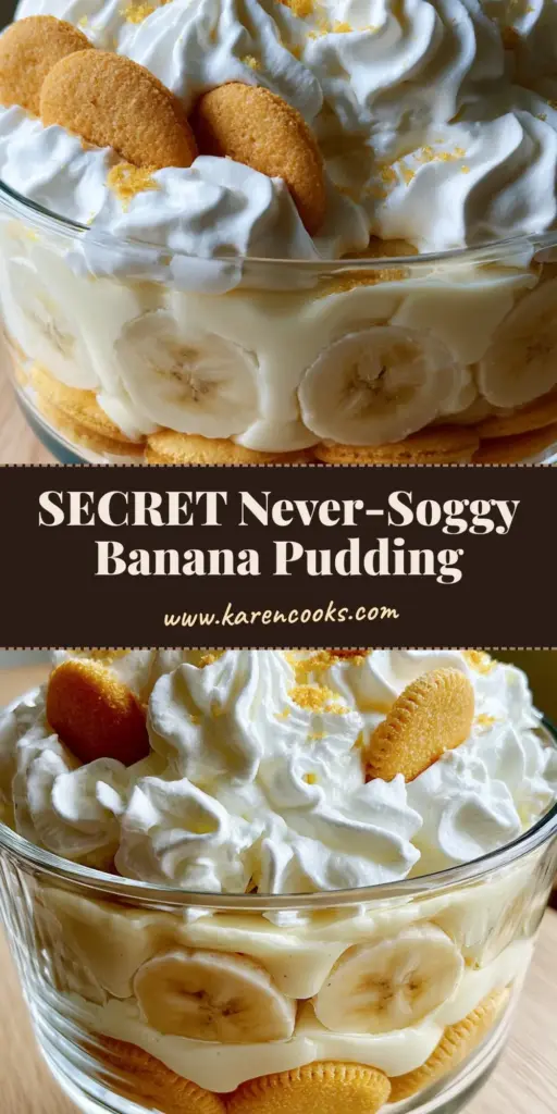 A vertical extreme close-up of a glass trifle bowl showing distinct layers of golden wafers, ivory custard, and banana slices for a banana pudding recipe.