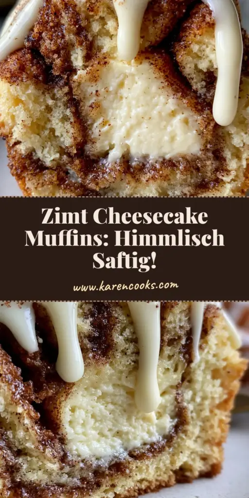 A close-up vertical shot of Zimt Cheesecake Muffins with thick white icing and cinnamon dusting on a neutral plate.